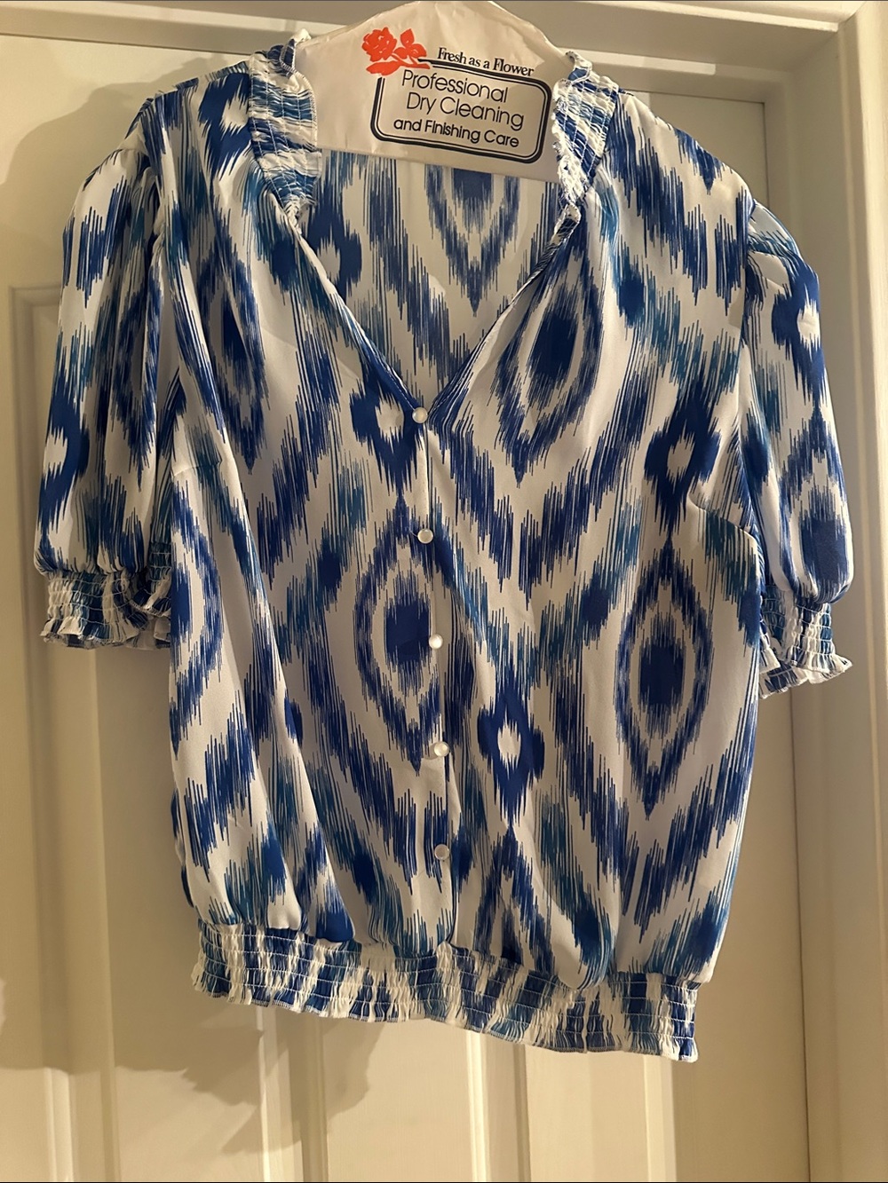 Blue Ikat Print Puff Sleeve Blouse